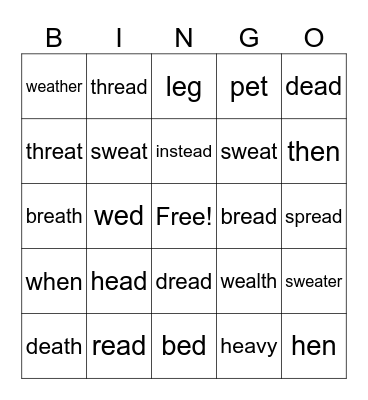 Short "e" Bingo Card