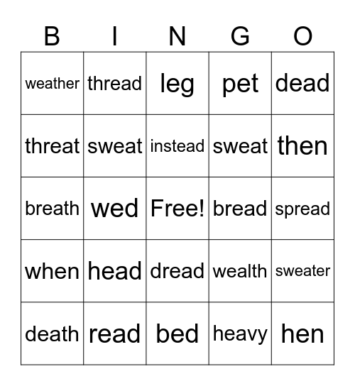 Short "e" Bingo Card
