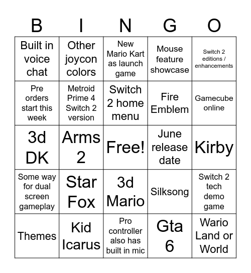 Switch 2 Direct Bingo Card