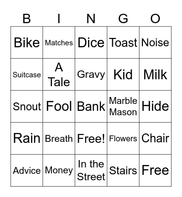 Cockney Slang Bingo Card