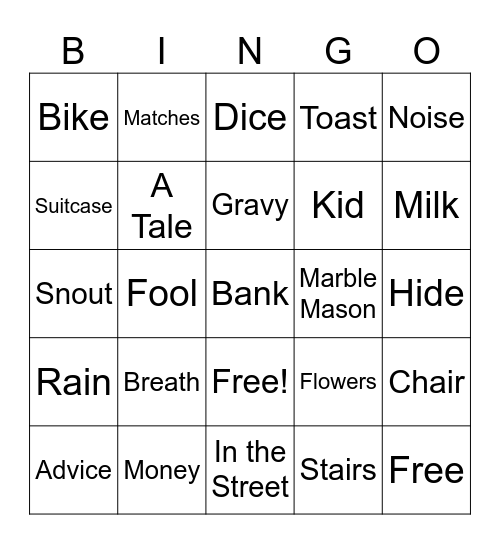 Cockney Slang Bingo Card