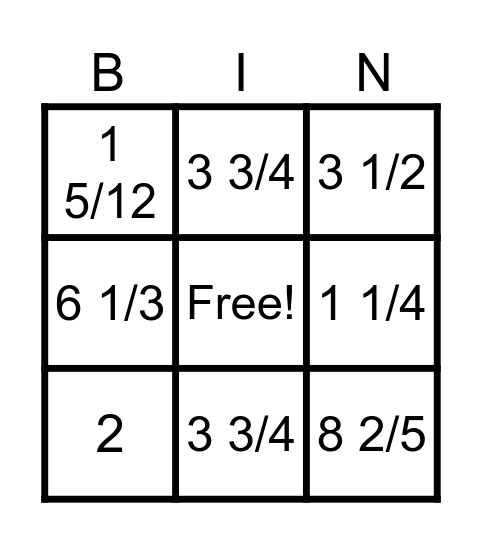 Fractions Bingo Card