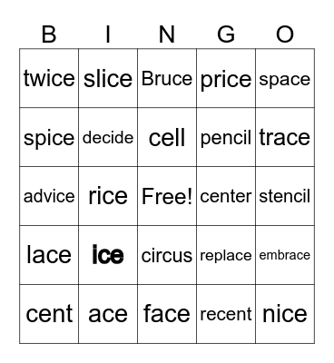 Soft "c" Bingo Card