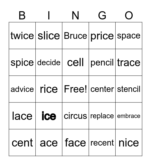 Soft "c" Bingo Card