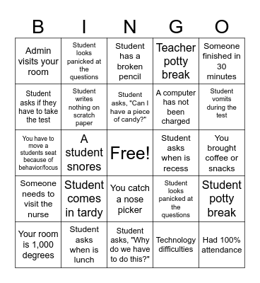 State Testing Bingo Card
