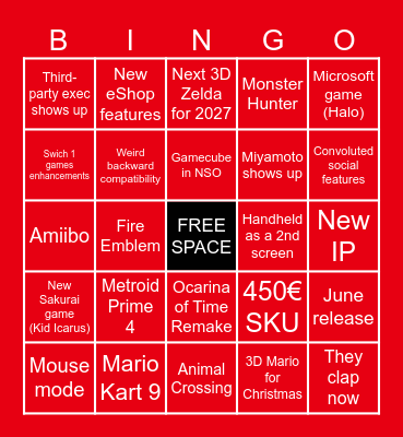 Nintendo Switch 2 Direct Bingo Card
