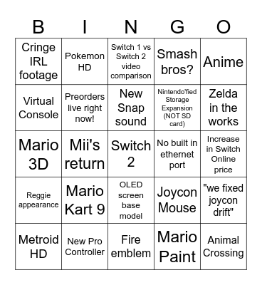 Switch 2 Bingo Card