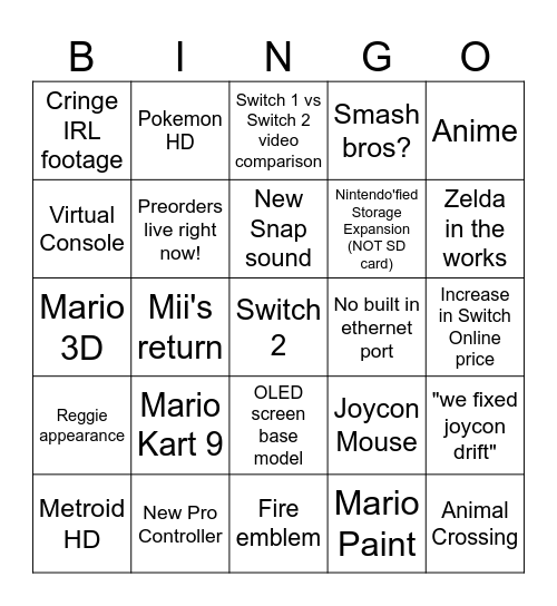 Switch 2 Bingo Card