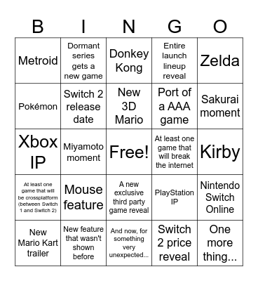 Nintendo Switch 2 Direct Bingo Card