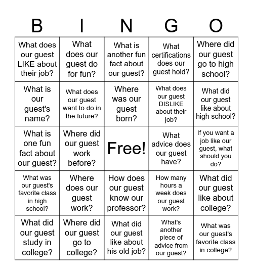 Guest Speaker Bingo Card