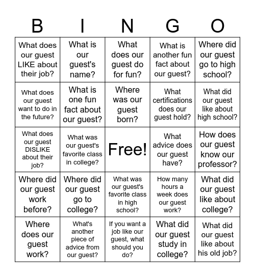 Guest Speaker Bingo Card