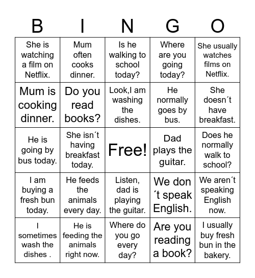 Present simple x Present continuous Bingo Card