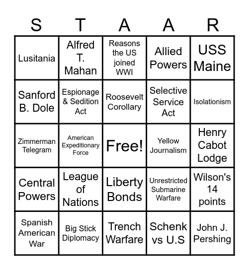 STAAR REVIEW BINGO-Imperialism/WWI Bingo Card
