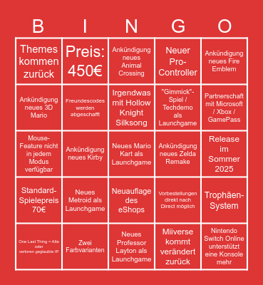 Nintendo Switch 2 Direct Bingo Card
