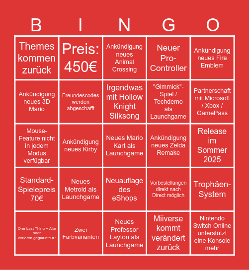 Nintendo Switch 2 Direct Bingo Card