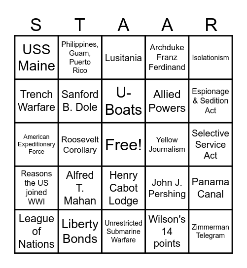 STAAR REVIEW BINGO-Imperialism/WWI Bingo Card