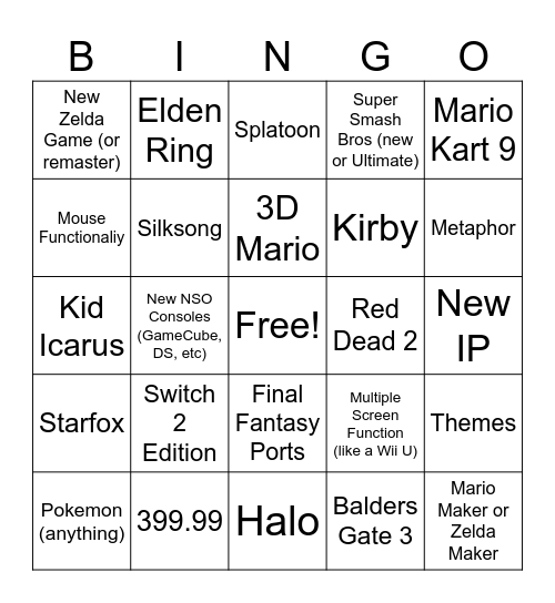 Switch 2 Direct Bingo Card
