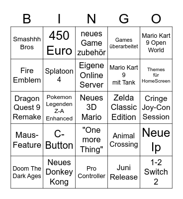 Nintendo Switch 2 Direct Bingo Card