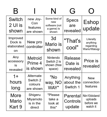 Nintendo Switch 2 Direct Bingo Card