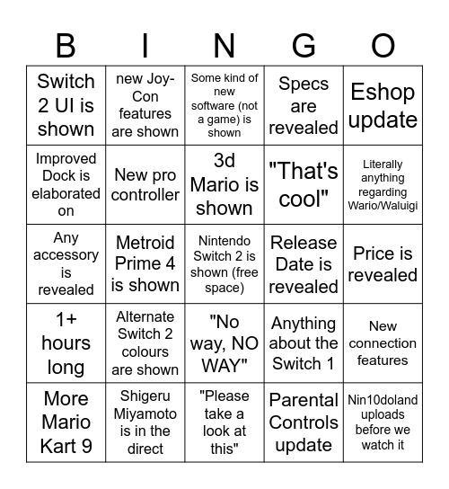 Nintendo Switch 2 Direct Bingo Card