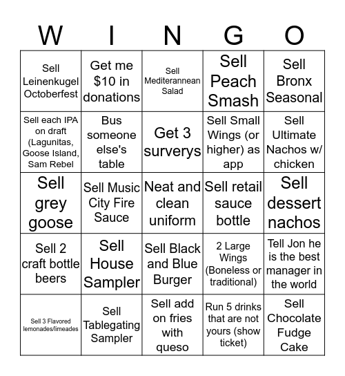 BWW Bingo Card