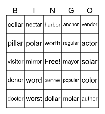 OR & AR Words Bingo Card