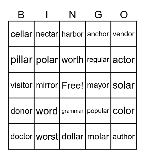 OR & AR Words Bingo Card