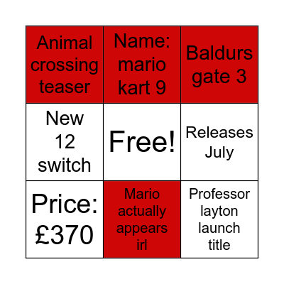 Switch release Bingo Card