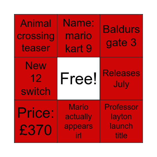 Switch release Bingo Card