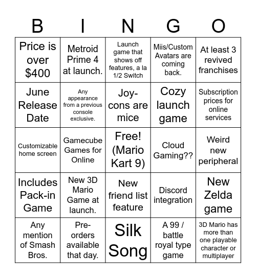 Switch 2 Bingo Card