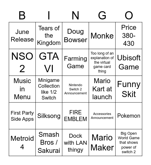 NSO 2 Bingo Card
