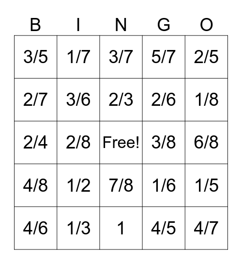 Fraction Bingo Card