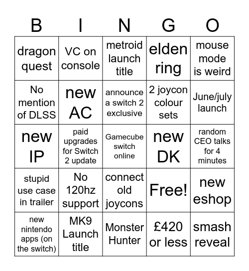 Switch 2 Direct Bingo Card