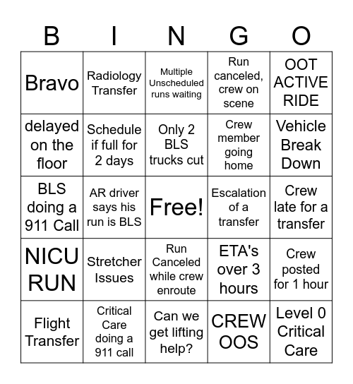 Interfacility Bingo Card
