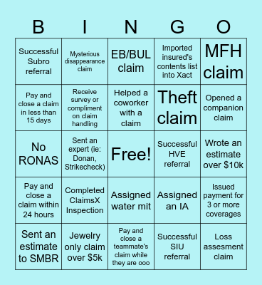 Home Claims Bingo Card