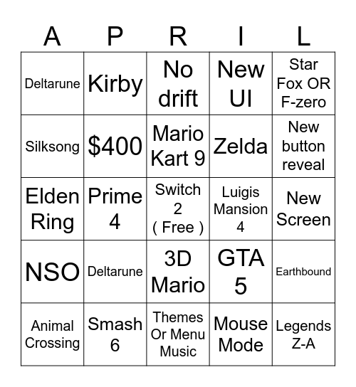 Nintendo Switch 2 Direct Bingo Card