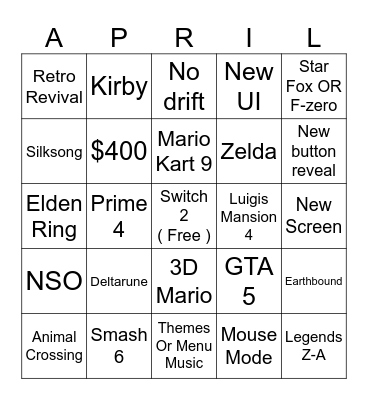 Nintendo Switch 2 Direct Bingo Card