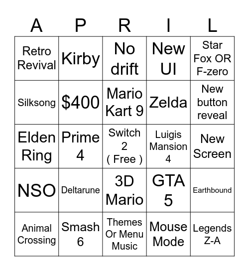 Nintendo Switch 2 Direct Bingo Card