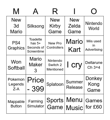 Switch 2 Direct Bingo Card