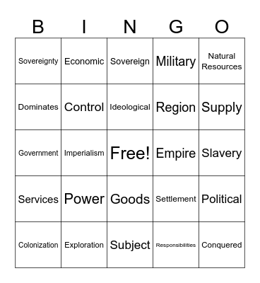 Colonization Bingo Card