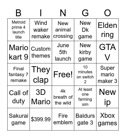 Switch 2 direct bingo Card