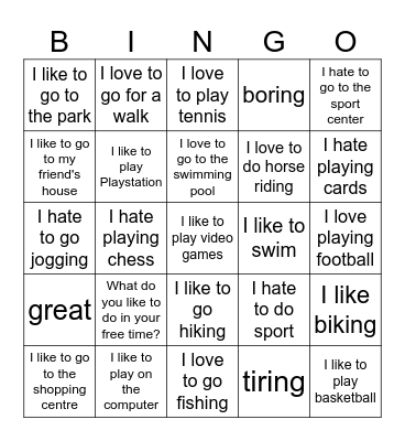 Things I like/dislike (Passe-temps) EN Bingo Card