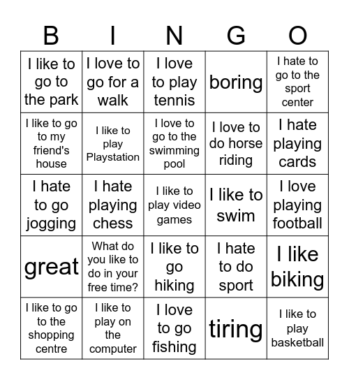 Things I like/dislike (Passe-temps) EN Bingo Card