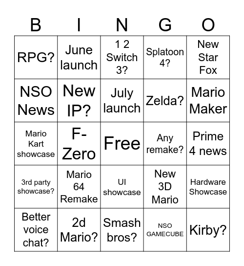 Switch 2 Bingo Card