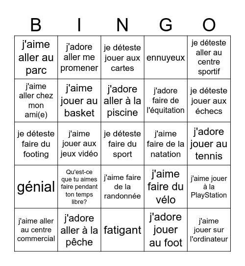 Things I like/dislike (Passe-temps) FR Bingo Card