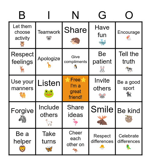 Friendship Bingo Card