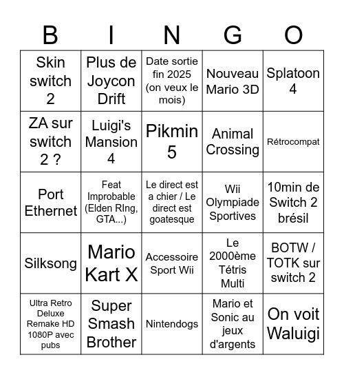 Nintendo Switch 2 Bingo Card
