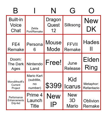 Switch 2 Direct Bingo Card