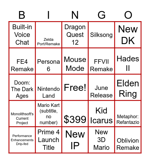 Switch 2 Direct Bingo Card