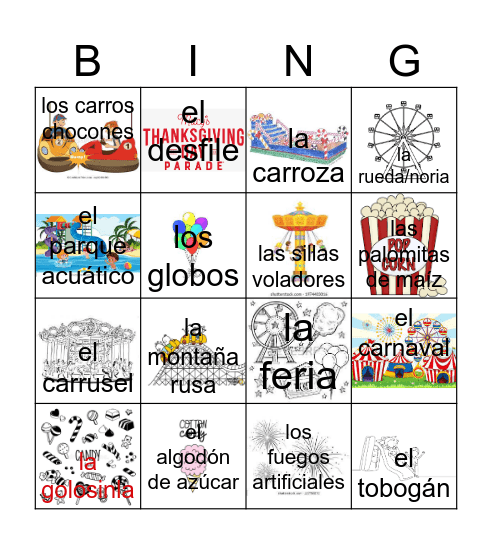 CCHS--SPANISH 2 UNIT 5 El Parque de Diversión Bingo Card